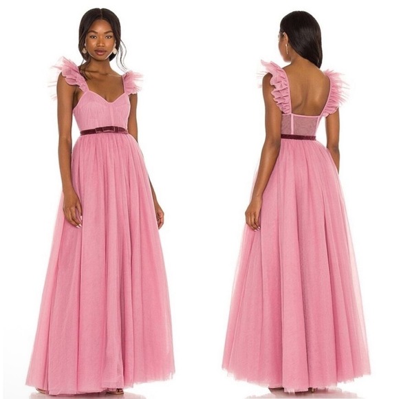 LoveShackFancy Macron Pink Tulle Gown Ruffle Sleeve Maxi Dress NWT $1095 - Picture 2 of 6